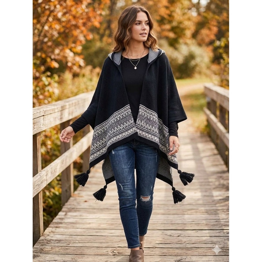 Simply Noelle Hooded Poncho Sweater Womens OS Black White  Tassel Fair Isle Cape